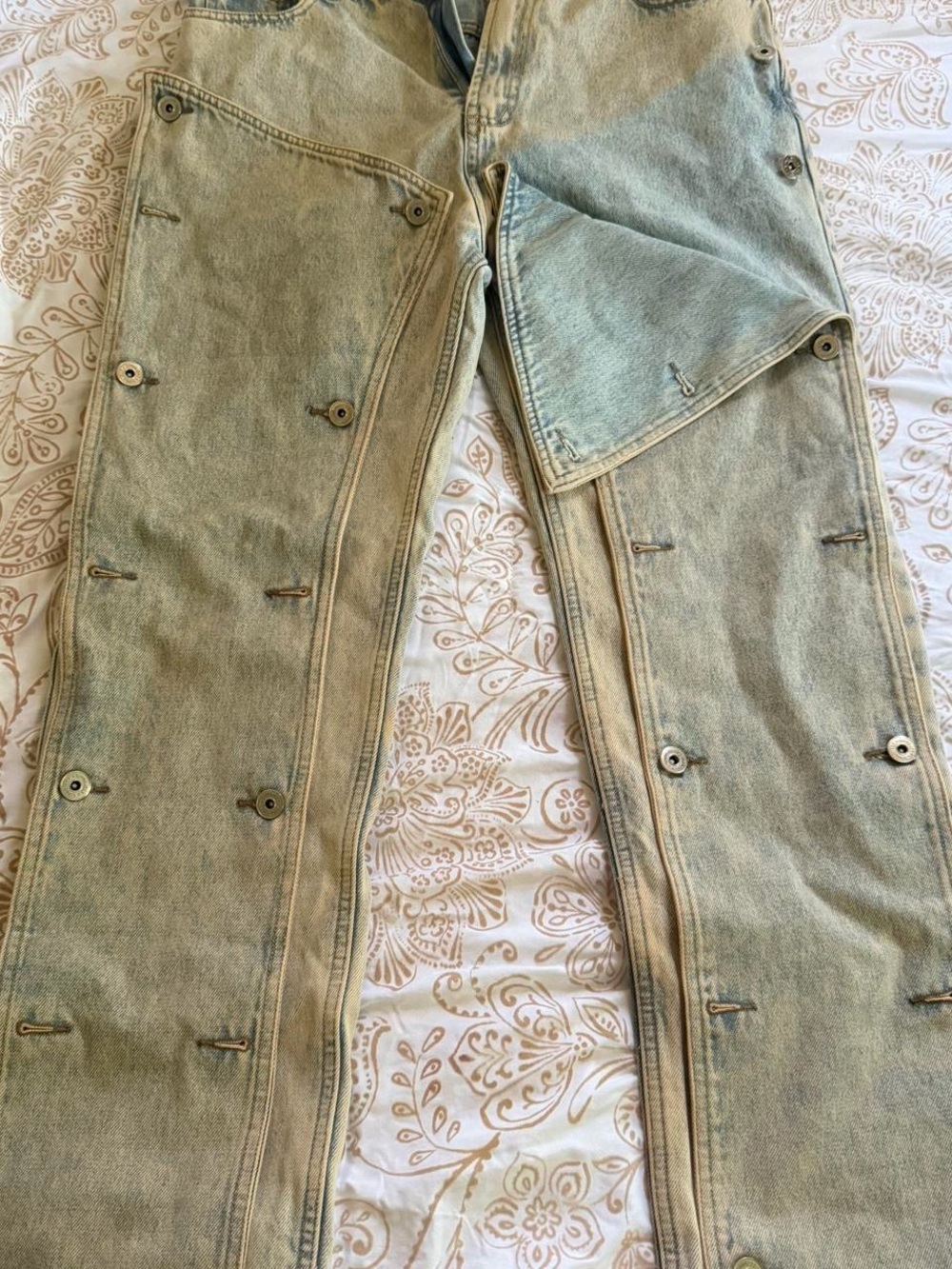 Y/Project Brown Leather Logo Patch on Light Blue Denim